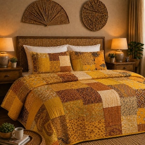 Yellow Silk Kantha Quilt Handmade Vintage Patchwork Indian Bedspread Bohemian Bedding Reversible Coverlet Rustic Couch Cover 90x108 inches