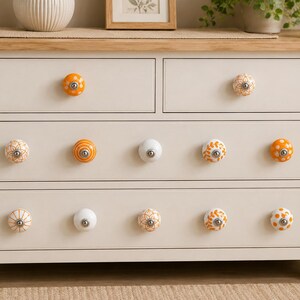Handmade Ceramic Cabinet Knobs Set Orange White Floral Pulls Kitchen Cupboard Handles Dresser Hardware Boho Furniture Decor Farmhouse image 7