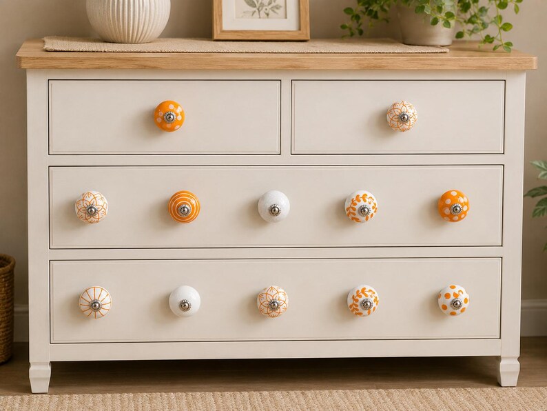 Handmade Ceramic Cabinet Knobs Set Orange White Floral Pulls Kitchen Cupboard Handles Dresser Hardware Boho Furniture Decor Farmhouse image 7