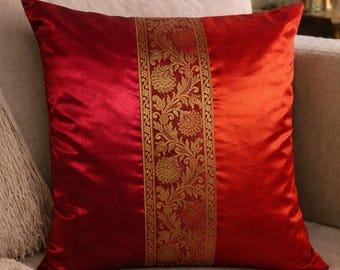 Handmade Red Silk Cushion Cover with Gold Brocade, 16x16 Boho Home Decor Accent Pillow