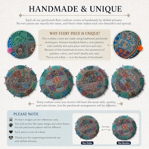 May include: A collection of round patchwork floor cushion covers featuring a variety of colorful fabric patterns in shades of teal, blue, and orange. The image includes text explaining that each handmade cover has a unique arrangement of patches.