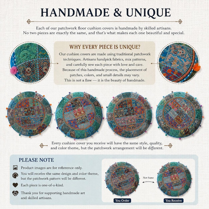 May include: A collection of round patchwork floor cushion covers featuring a variety of colorful fabric patterns in shades of teal, blue, and orange. The image includes text explaining that each handmade cover has a unique arrangement of patches.