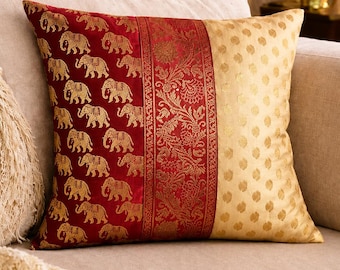 Red Gold Elephant Brocade Cushion Cover 16x16 Indian Silk Boho Ethnic Sofa Pillow