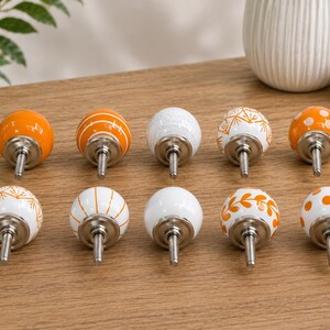 Handmade Ceramic Cabinet Knobs Set Orange White Floral Pulls Kitchen Cupboard Handles Dresser Hardware Boho Furniture Decor Farmhouse image 3