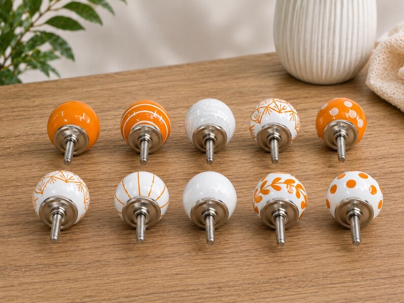 Handmade Ceramic Cabinet Knobs Set Orange White Floral Pulls Kitchen Cupboard Handles Dresser Hardware Boho Furniture Decor Farmhouse image 3