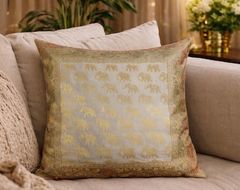 Handmade Grey & gold Elephant Brocade Cushion Cover Indian Silk Decorative Square Throw Pillowcase Zipper Closure Boho Home Decor 16x16inch