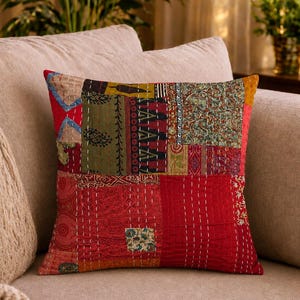 Red Kantha Cushion Cover 16x16 Handmade Patchwork Pillow Quilted Sofa Accent Ethnic Textile Sham Rustic Living Room Gift Artisan Sewn Case