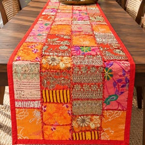 Orange 16x60 Patchwork Table Runner, Kantha Dining Decor, Handmade Indian Textile, Embroidered Boho Farmhouse Accent, Colorful Centerpiece