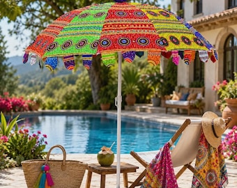 Handmade Embroidered Indian Garden Parasol Umbrella Colorful Boho Patio Canopy Beach Poolside Wedding Decor Ethnic Festival Shade