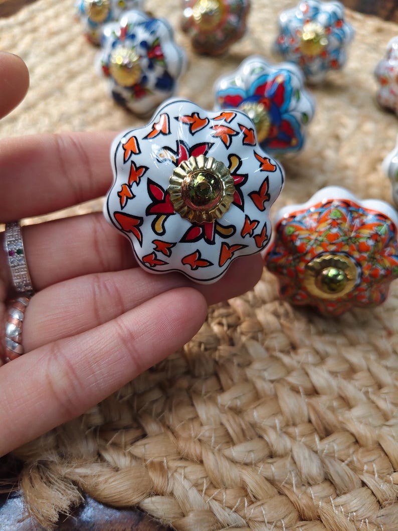 Hand Painted Ceramic Knobs: Assorted Indian Floral Drawer Pulls – Boho Cabinet Hardware image 8