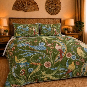 Grüner Vogel Floral Kantha Quilt King Size handgefertigte indische Baumwolle Tagesdecke Boho Bettwäsche werfen