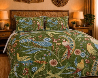 Green Bird Floral Kantha Quilt King Size Handmade Indian Cotton Bedspread Boho Bedding Throw