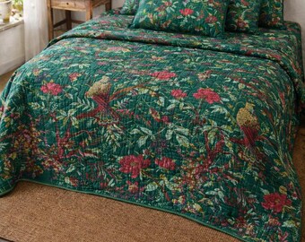 Handmade Green Floral Bird Kantha Quilt Throw 60x90 Inch Cotton Bedspread Boho Blanket
