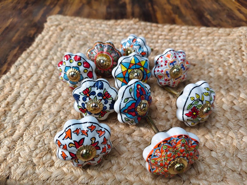 Hand Painted Ceramic Knobs: Assorted Indian Floral Drawer Pulls – Boho Cabinet Hardware image 13