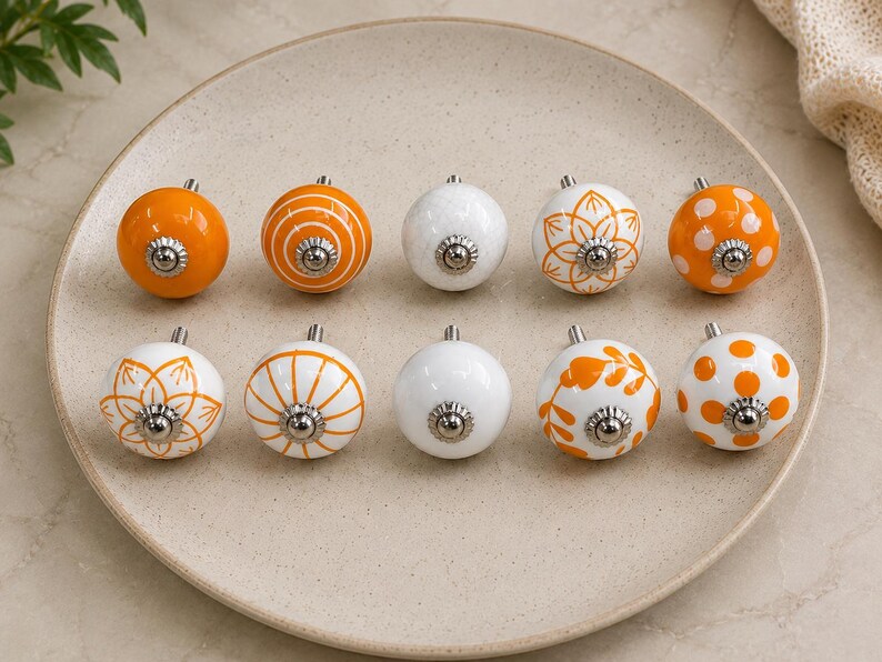 Handmade Ceramic Cabinet Knobs Set Orange White Floral Pulls Kitchen Cupboard Handles Dresser Hardware Boho Furniture Decor Farmhouse image 8