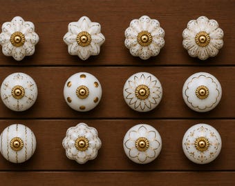 White Gold Ceramic Floral Kitchen Knobs, Vintage Drawer Pulls, Boho Decor Set