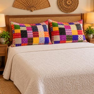 Multicolor Silk Kantha Pillow 20x26, Handmade Patchwork Bed Pillow Covers, Boho Indian Quilted Shams, Colorful Vintage Sari Decor