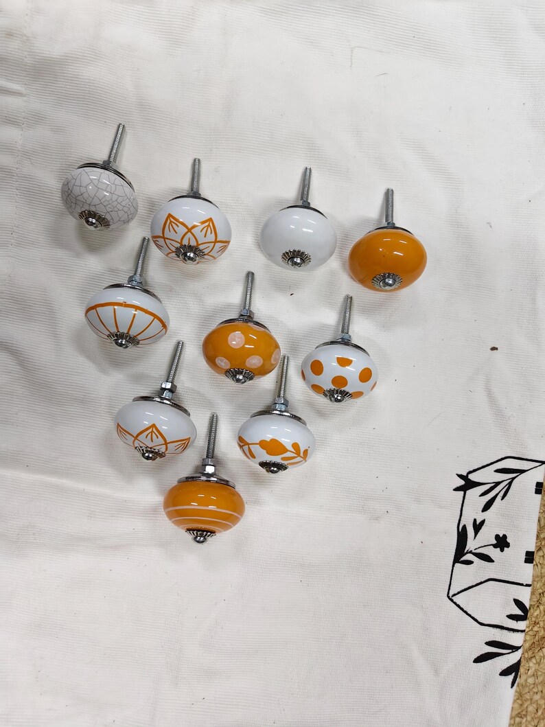 Handmade Ceramic Cabinet Knobs Set Orange White Floral Pulls Kitchen Cupboard Handles Dresser Hardware Boho Furniture Decor Farmhouse image 15