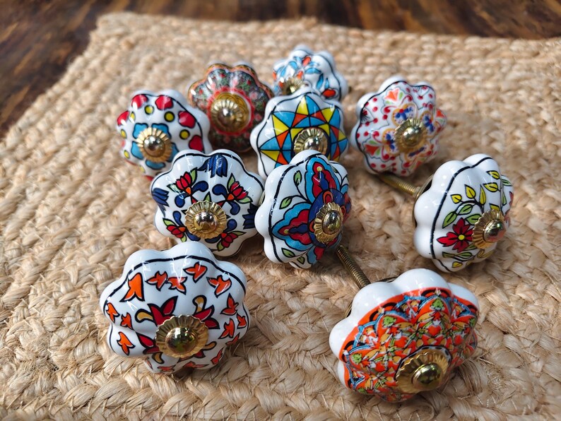 Hand Painted Ceramic Knobs: Assorted Indian Floral Drawer Pulls – Boho Cabinet Hardware image 12