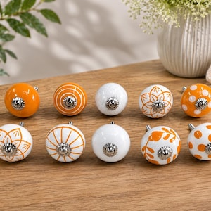 Handmade Ceramic Cabinet Knobs Set Orange White Floral Pulls Kitchen Cupboard Handles Dresser Hardware Boho Furniture Decor Farmhouse