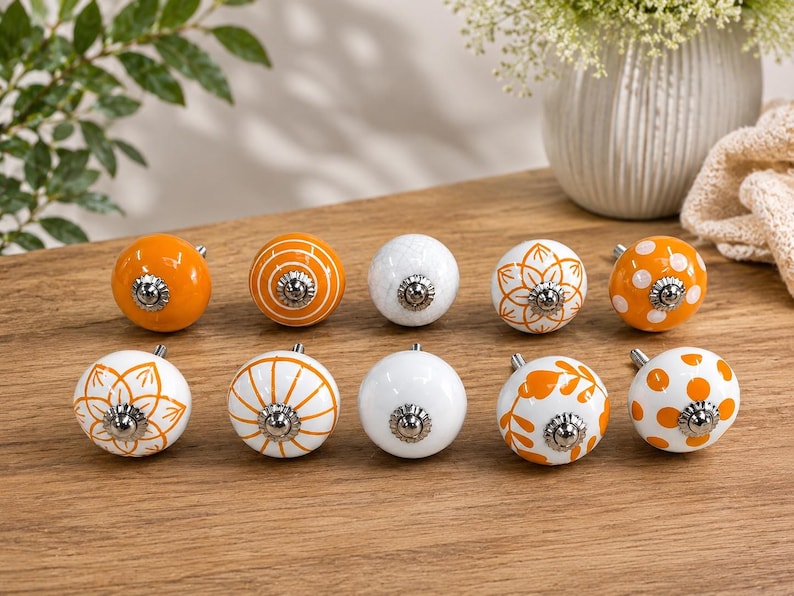 Handmade Ceramic Cabinet Knobs Set Orange White Floral Pulls Kitchen Cupboard Handles Dresser Hardware Boho Furniture Decor Farmhouse image 1
