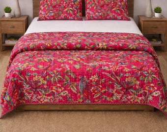 Handmade Kantha Quilt: Pink Floral Bird Print Cotton Textile, Boho Home Decor (90x108 in)