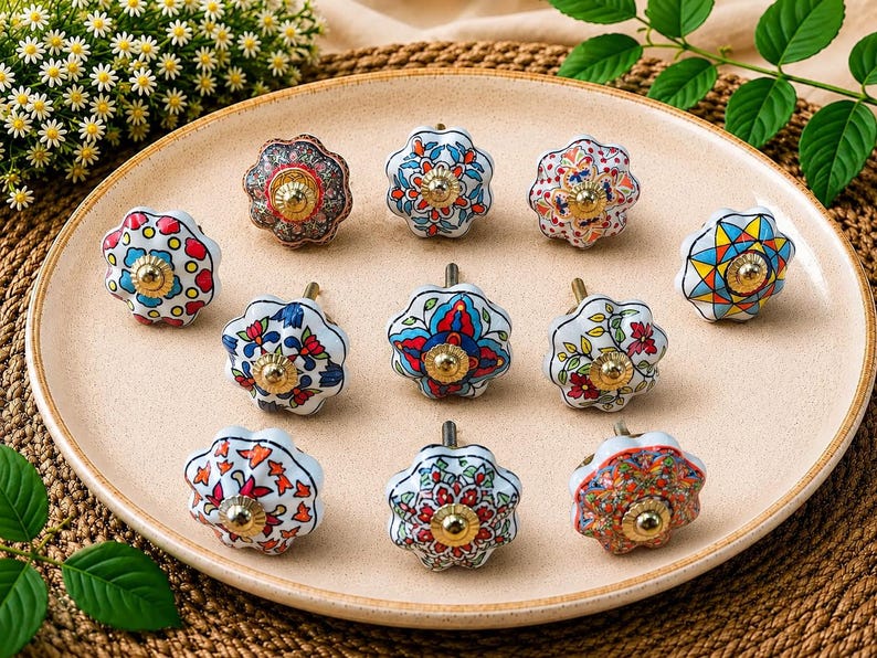 Hand Painted Ceramic Knobs: Assorted Indian Floral Drawer Pulls – Boho Cabinet Hardware image 2