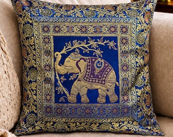 Handmade Indian Brocade Silk Elephant Cushion Cover, Boho Decorative Throw Pillow (16x16)