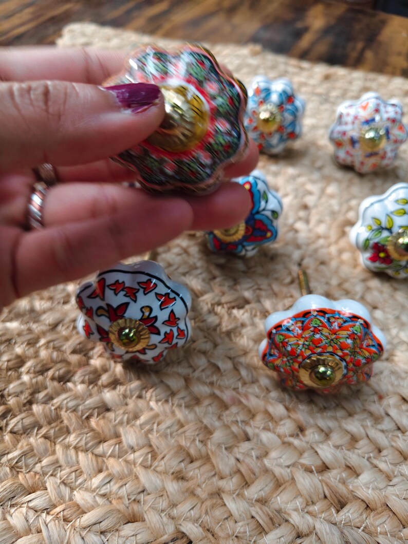 Hand Painted Ceramic Knobs: Assorted Indian Floral Drawer Pulls – Boho Cabinet Hardware image 9