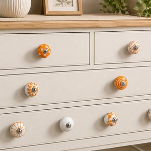 Handmade Ceramic Cabinet Knobs Set Orange White Floral Pulls Kitchen Cupboard Handles Dresser Hardware Boho Furniture Decor Farmhouse image 6