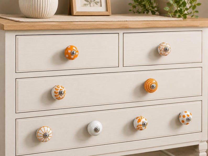 Handmade Ceramic Cabinet Knobs Set Orange White Floral Pulls Kitchen Cupboard Handles Dresser Hardware Boho Furniture Decor Farmhouse image 6