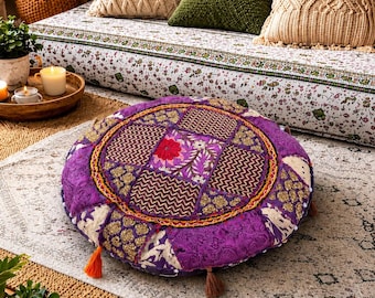 Handmade Purple Patchwork Floor Cushion, Indian Boho Pouf, Round Meditation Pillow Cotton Ottoman Seat Mandala Yoga Decor Living Room Accent