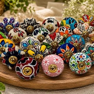 Colorful Indian Cabinet Knobs, Hand Painted Drawer Pulls, Boho Furniture Hardware, Floral Cupboard Decor, Decorative Dresser Handles