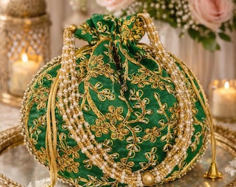 Green Embroidered Potli Bag, Gold Zari Clutch, Bridal Drawstring Purse, Festive Handbag