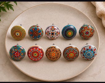 Colorful Ceramic Drawer Knobs Set of 10, Hand Painted Cabinet Pulls, Boho Mandala Furniture Knobs, Kitchen Dresser Cupboard Handles