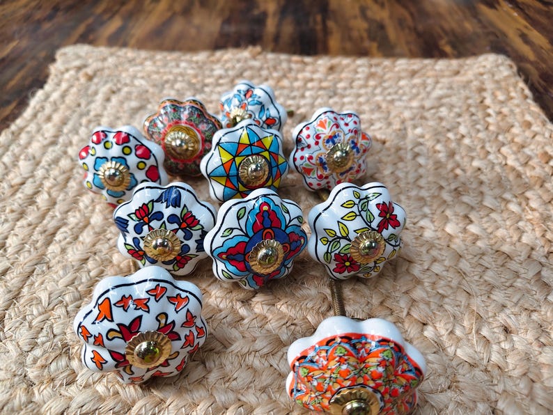 Hand Painted Ceramic Knobs: Assorted Indian Floral Drawer Pulls – Boho Cabinet Hardware image 10