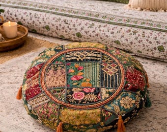 Zielona poszewka na poduszkę podłogową w stylu patchworkowym 18 x 18 cali, ręcznie robiona, okrągła pufa w stylu boho, haftowana, indyjska, vintage, tekstylna poszewka na poduszkę, dekoracja salonu