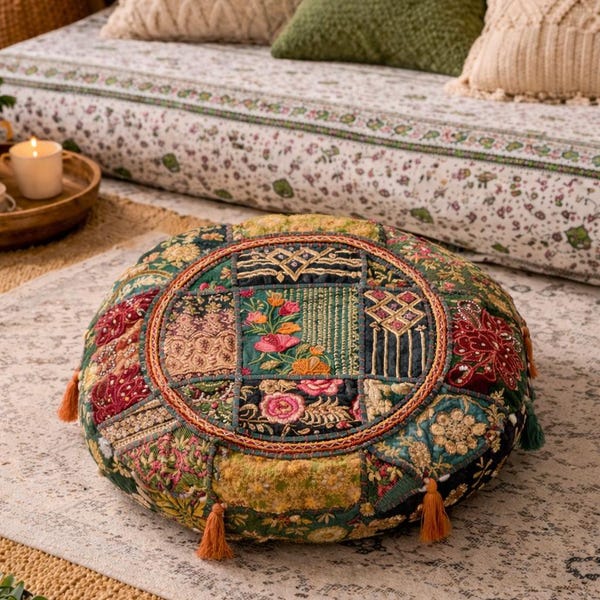 Green Patchwork Floor Cushion Cover 18x18 inch Handmade Boho Round Pouf Embroidered Indian Vintage Textile pillowcase Living Room Decor