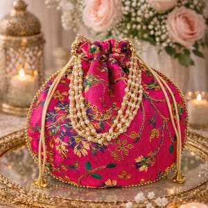 Pink Embroidered Potli Bag Indian Bridal Clutch Handmade Silk Drawstring Purse Pearl Handle Accessory Wedding Favor Ethnic Festive Gift