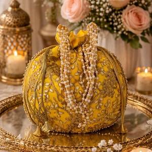 Handmade Yellow Embroidered Potli with Pearl Beaded Drawstring Pouch Indian Wedding Bridal Clutch Ethnic Silk Potli Festive Gift Bag