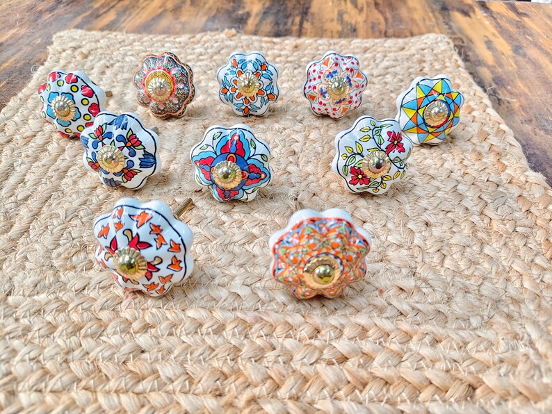 Hand Painted Ceramic Knobs: Assorted Indian Floral Drawer Pulls – Boho Cabinet Hardware image 6