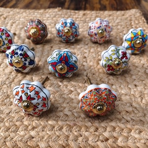 Hand Painted Ceramic Knobs: Assorted Indian Floral Drawer Pulls – Boho Cabinet Hardware image 5