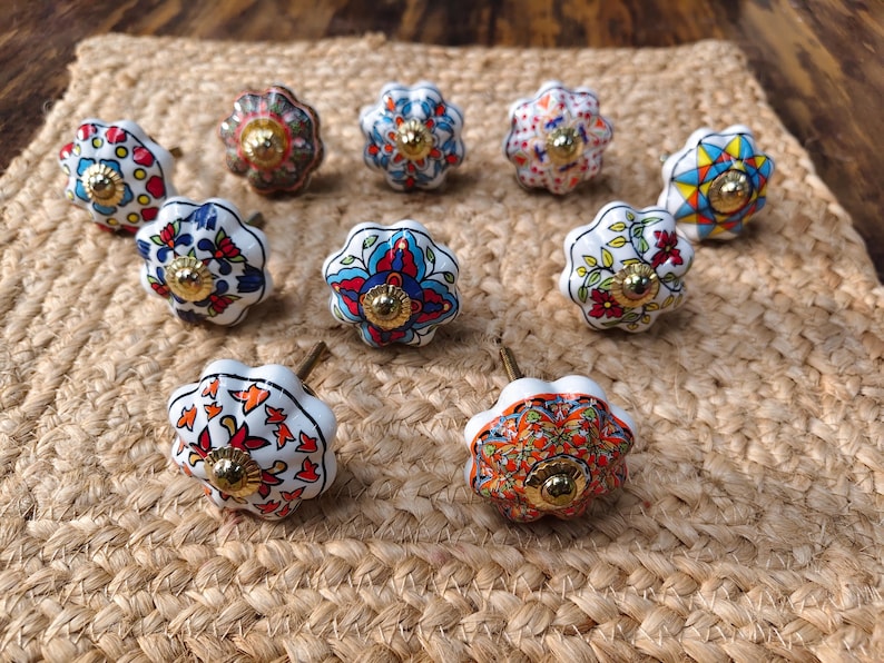 Hand Painted Ceramic Knobs: Assorted Indian Floral Drawer Pulls – Boho Cabinet Hardware image 5