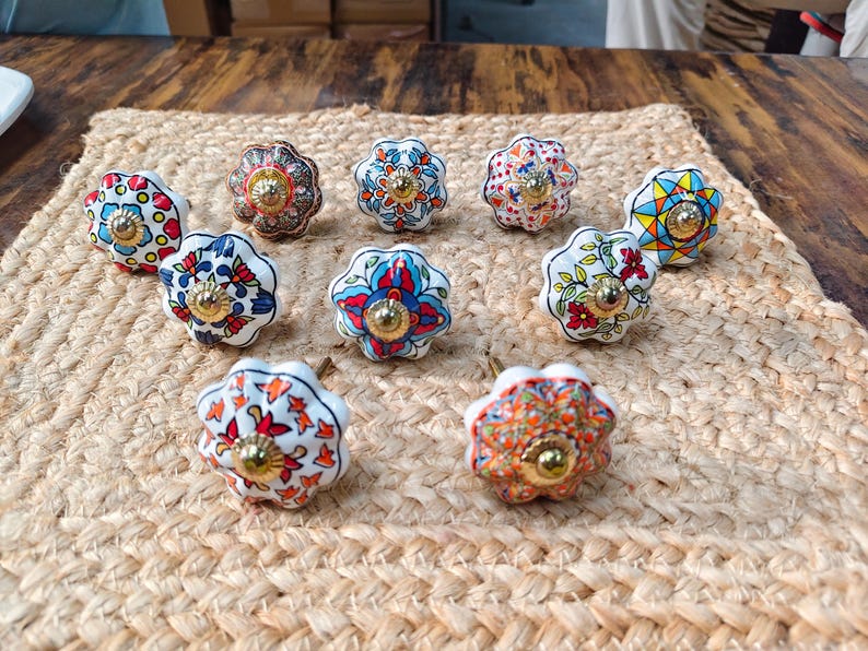 Hand Painted Ceramic Knobs: Assorted Indian Floral Drawer Pulls – Boho Cabinet Hardware image 7