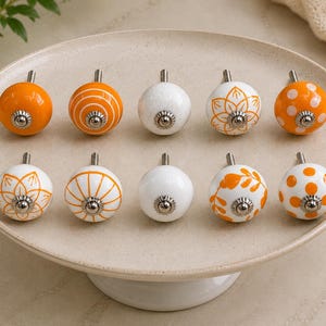 Handmade Ceramic Cabinet Knobs Set Orange White Floral Pulls Kitchen Cupboard Handles Dresser Hardware Boho Furniture Decor Farmhouse image 2