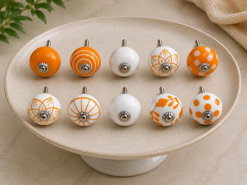 Handmade Ceramic Cabinet Knobs Set Orange White Floral Pulls Kitchen Cupboard Handles Dresser Hardware Boho Furniture Decor Farmhouse image 2