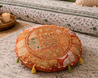 Handmade Orange Boho Patchwork Floor Cushion Cover: Vintage Embroidered Indian Pouf (18x18 Inch)