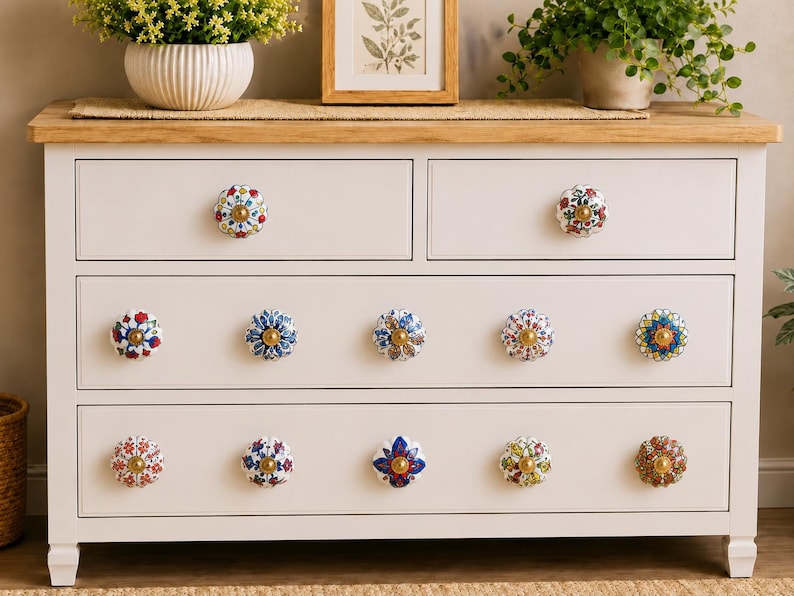 Hand Painted Ceramic Knobs: Assorted Indian Floral Drawer Pulls – Boho Cabinet Hardware image 1