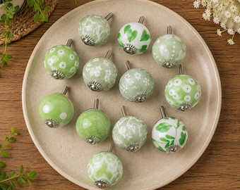 Handmade Green Ceramic Floral Kitchen Cabinet Knobs – Vintage Drawer Pulls, Farmhouse Decor