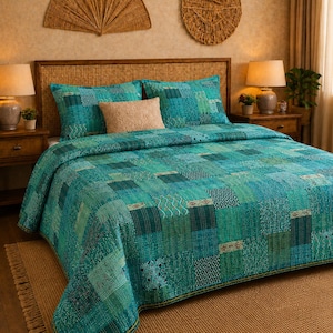 Handmade Silk Teal Kantha Quilt 90x108 Patchwork Bedspread Boho Bedding Indian Quilt Blanket Farmhouse Bed Cover Reversible Throw